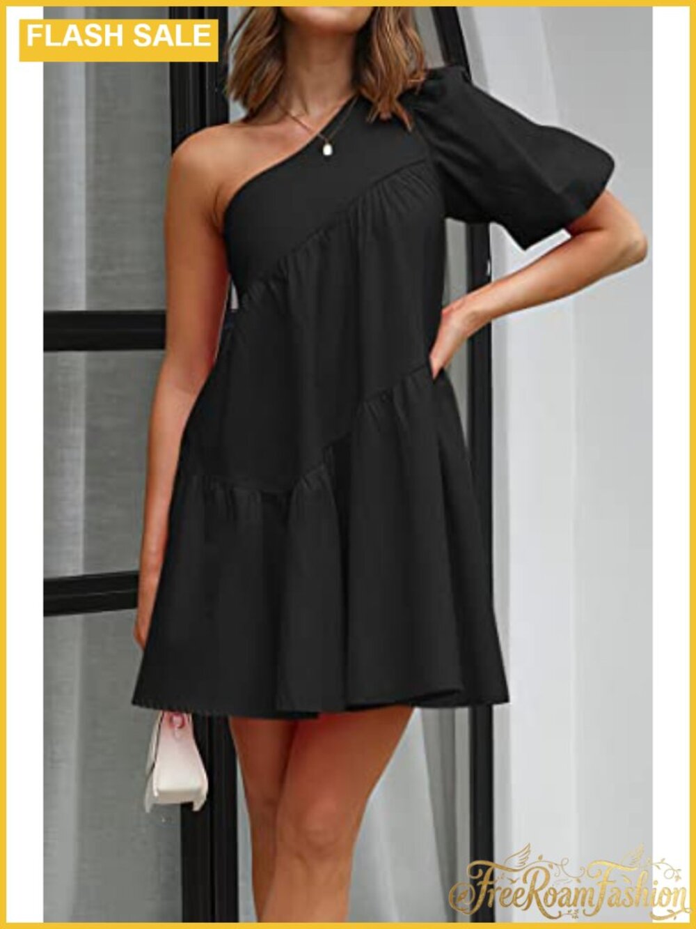 Womens One Shoulder Puff Sleeve Babydoll Mini Dress Tiered A-Line - Picture 2 of 6